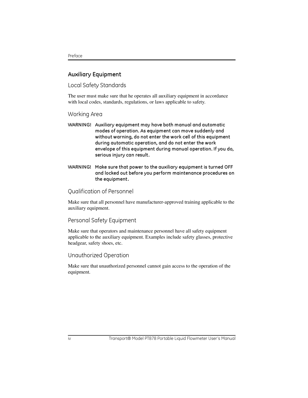 GE PT878 user manual Auxiliary Equipment, Local Safety Standards 