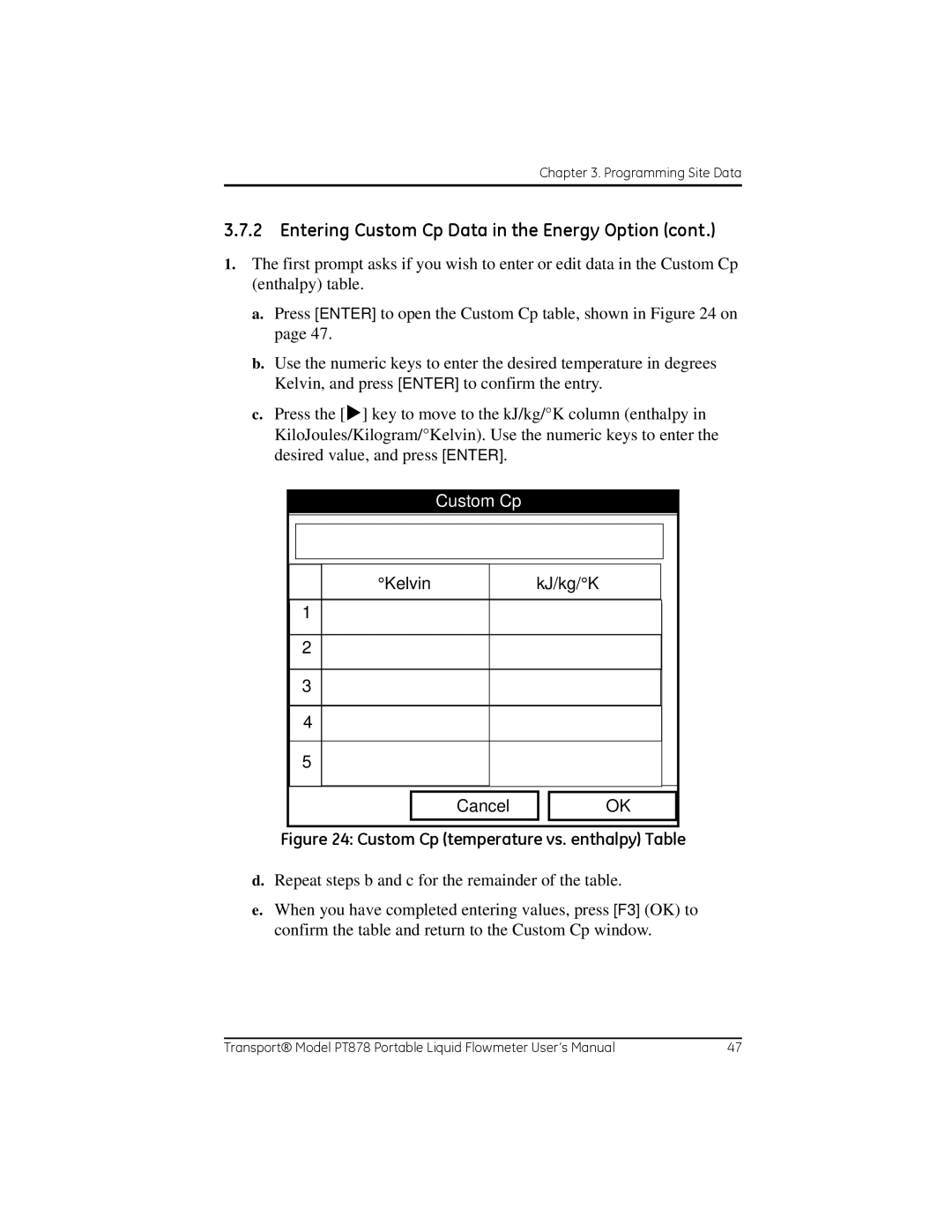 GE PT878 user manual Custom Cp, Kelvin KJ/kg/K Cancel 