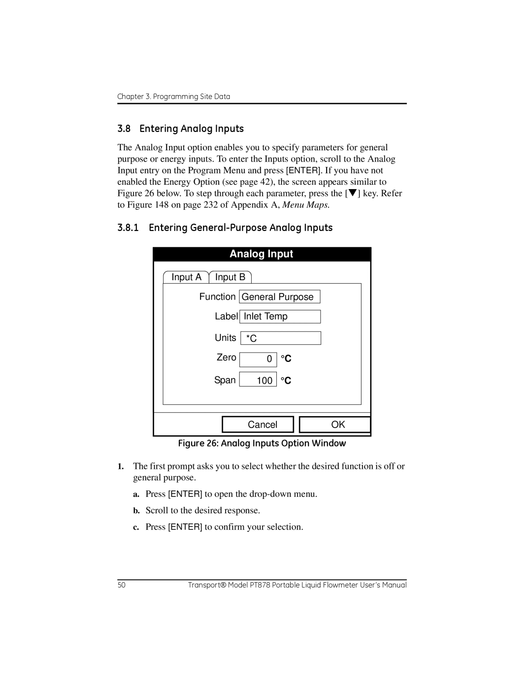 GE PT878 user manual Entering Analog Inputs, Entering General-Purpose Analog Inputs 