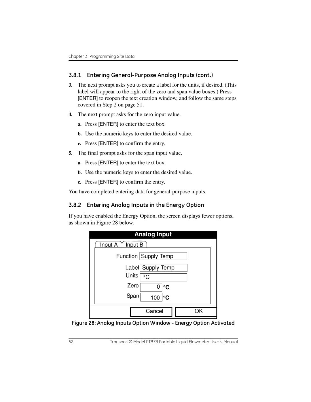 GE PT878 user manual Entering Analog Inputs in the Energy Option, Analog Inputs Option Window Energy Option Activated 