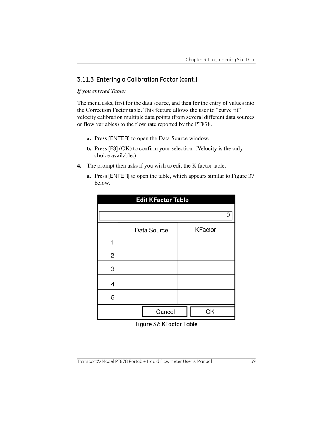 GE PT878 user manual Edit KFactor Table, Data Source KFactor Cancel 