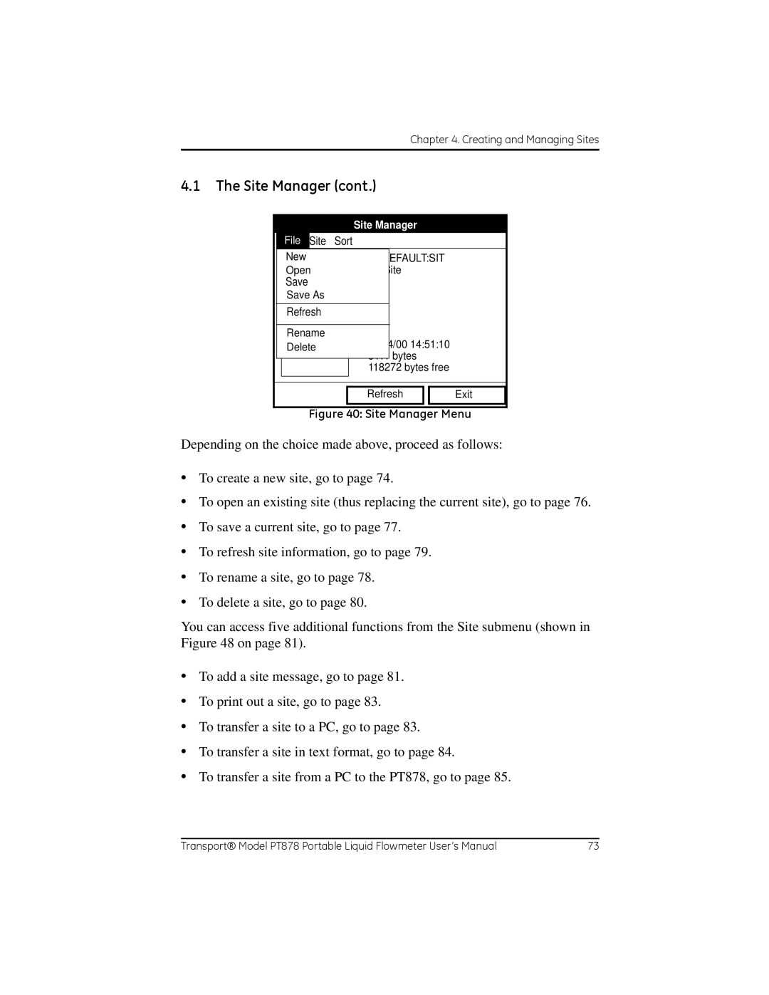 GE PT878 user manual Site Manager Menu 