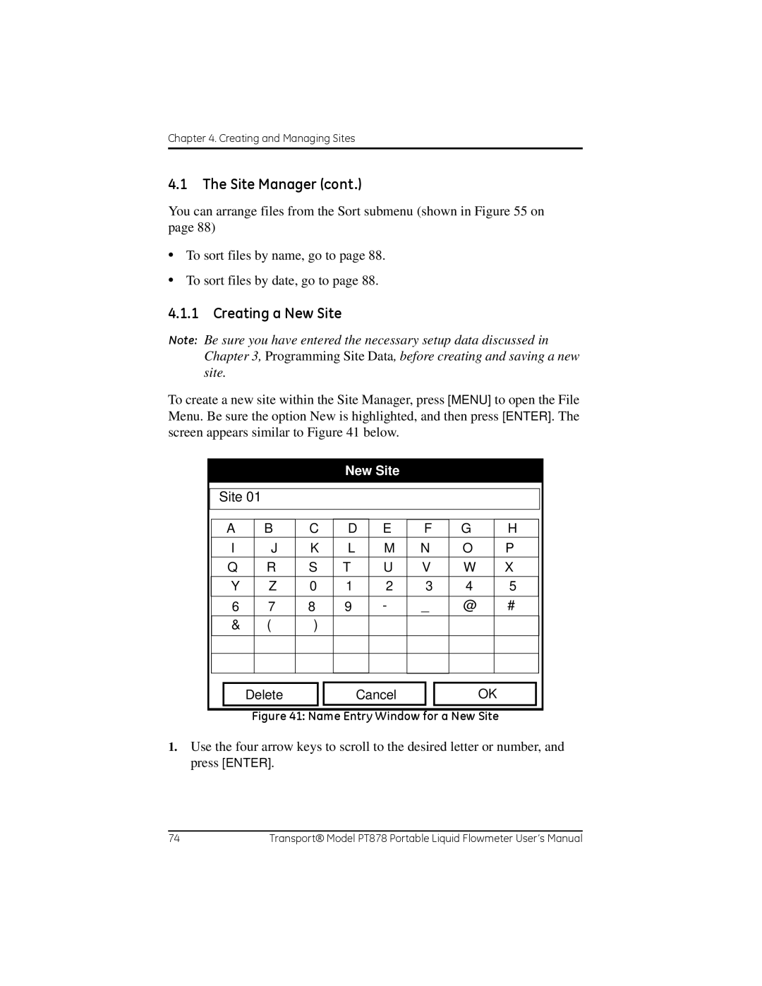 GE PT878 user manual Creating a New Site 