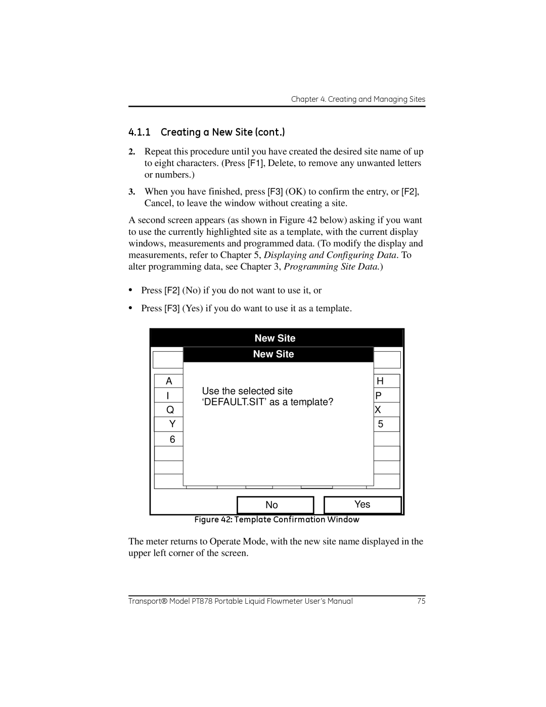 GE PT878 user manual New Site, Use the selected site ‘DEFAULT.SIT’ as a template? 