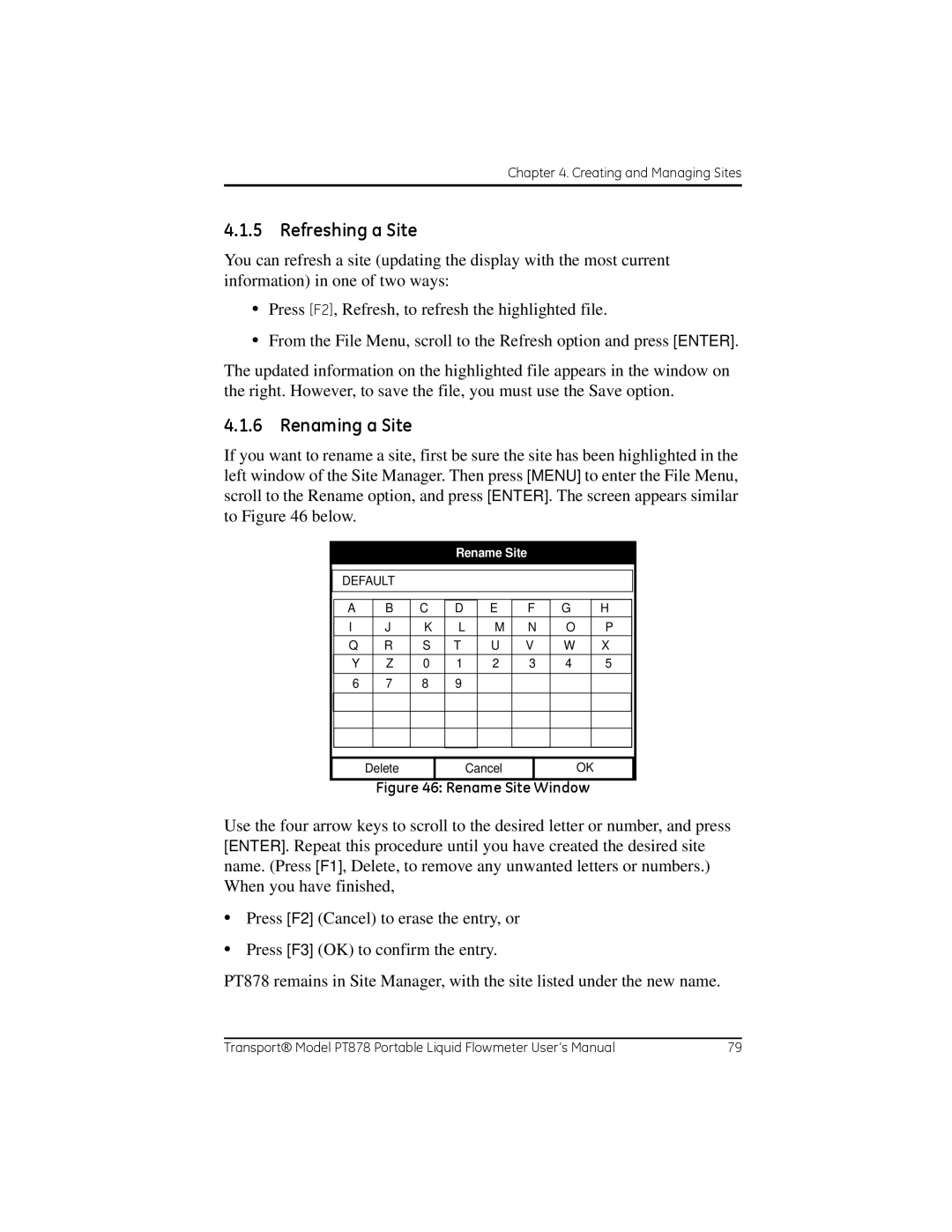GE PT878 user manual Refreshing a Site, Renaming a Site 