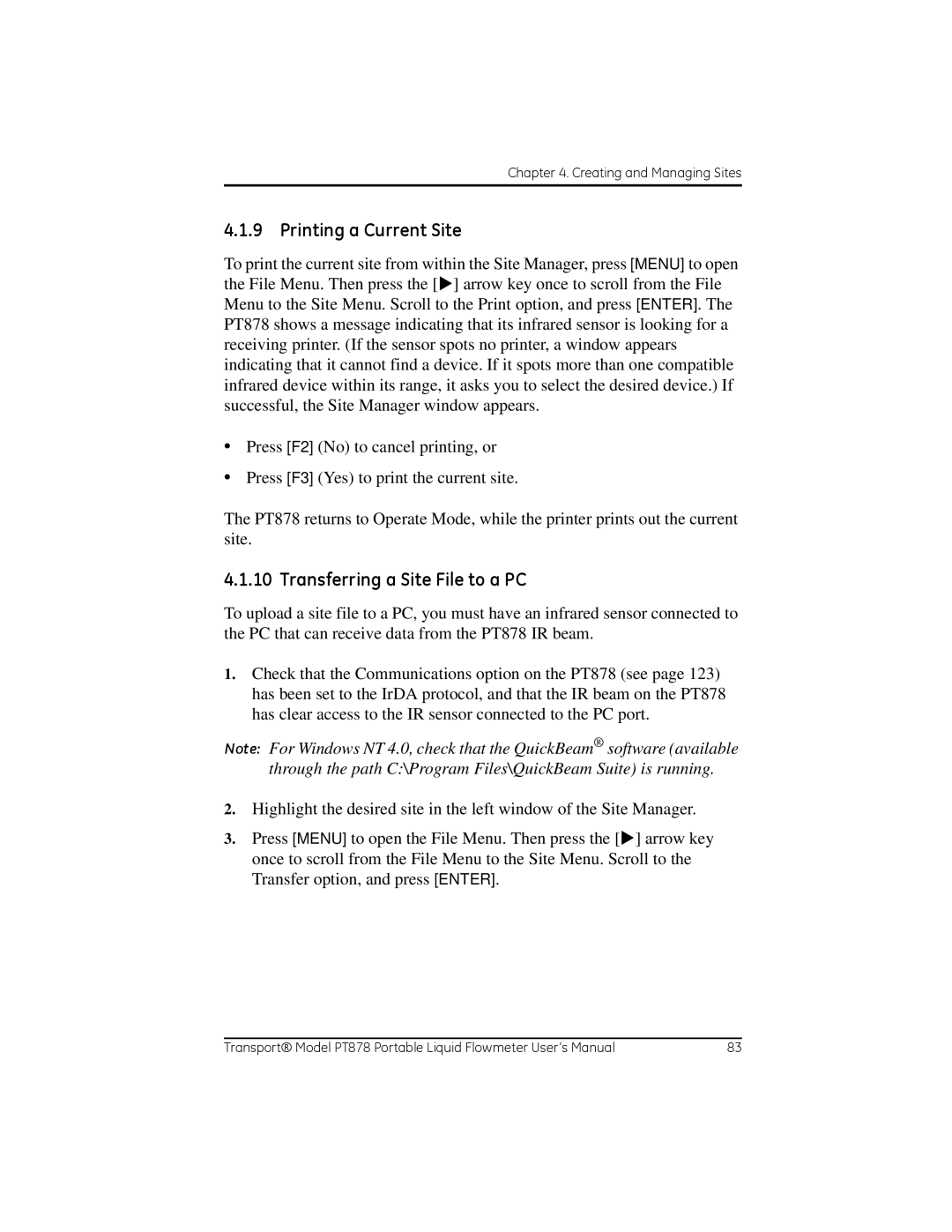 GE PT878 user manual Printing a Current Site, Transferring a Site File to a PC 