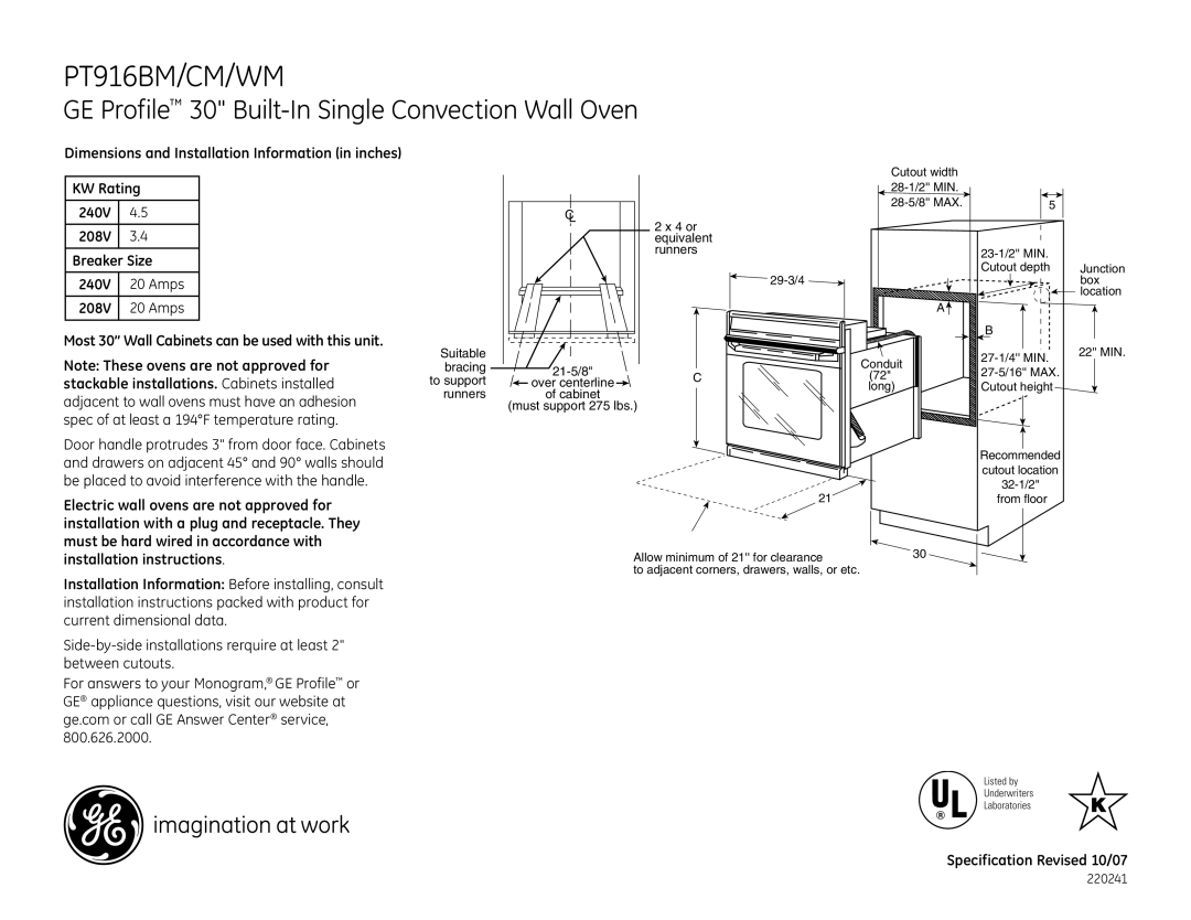 GE dimensions PT916BM/CM/WM, GE Profile 30 Built-In Single Convection Wall Oven 