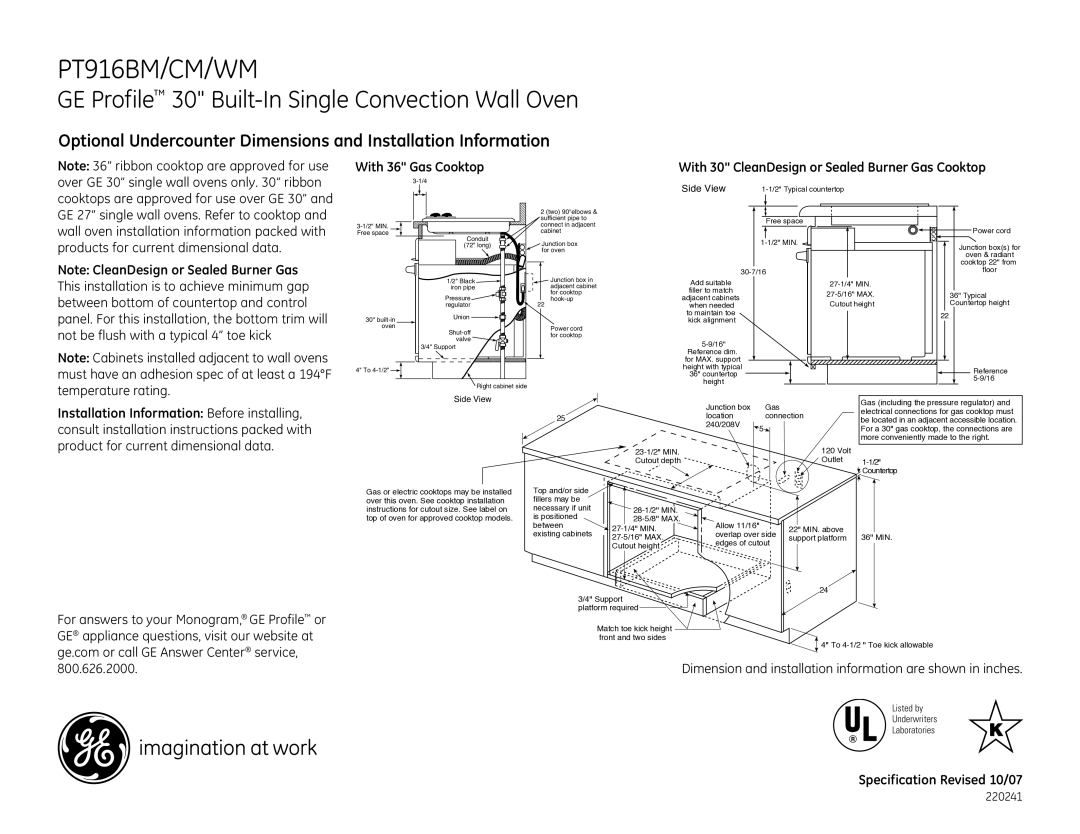 GE PT916BM dimensions Dimension and installation information are shown in inches 