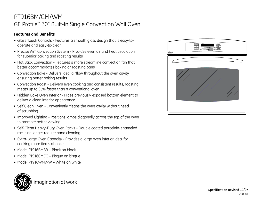 GE PT916BM dimensions Features and Benefits 