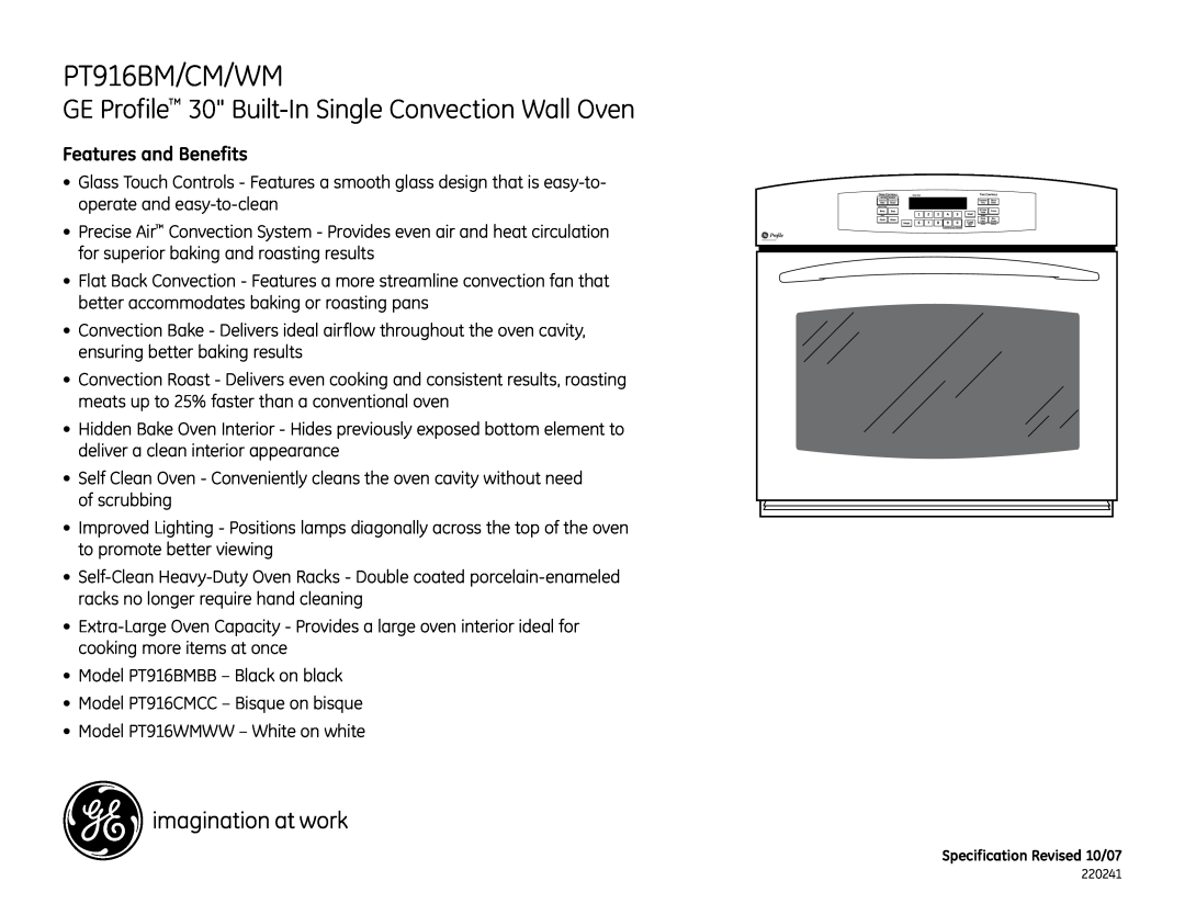 GE dimensions Features and Benefits, PT916BM/CM/WM, GE Profile 30 Built-In Single Convection Wall Oven 