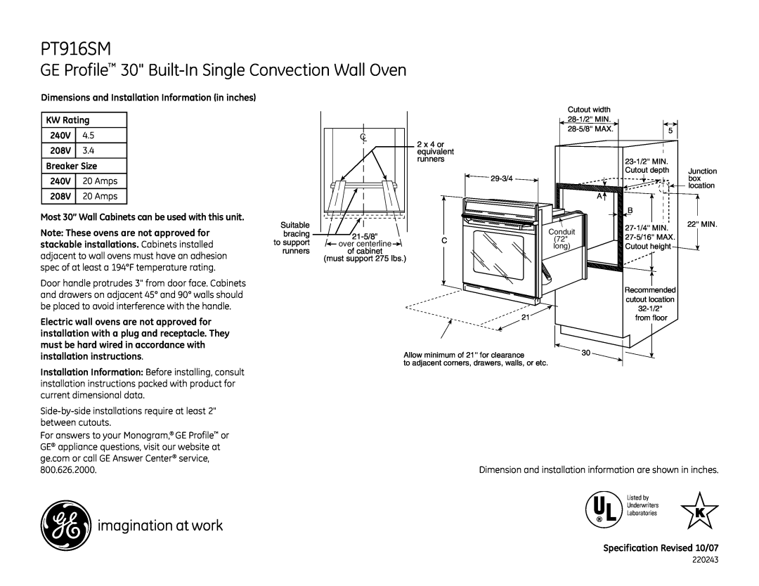 GE PT916SM installation instructions GE Profile 30 Built-In Single Convection Wall Oven 
