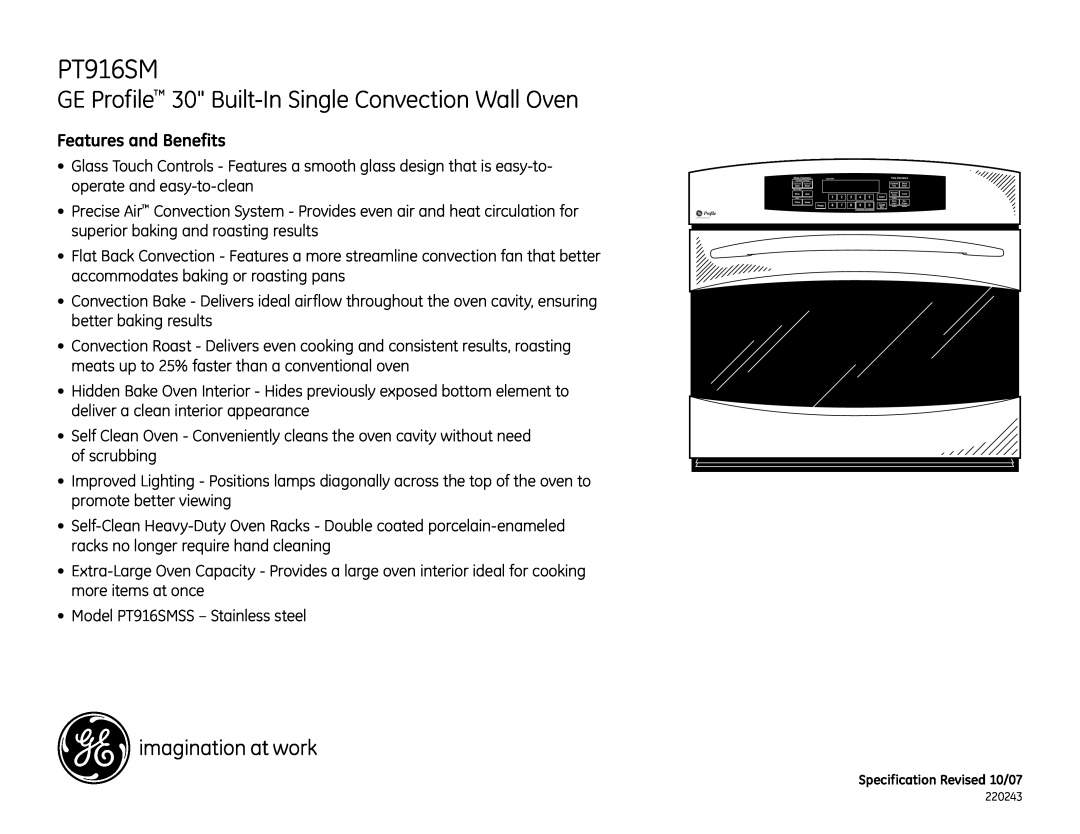 GE PT916SM installation instructions Features and Benefits, GE Profile 30 Built-In Single Convection Wall Oven 