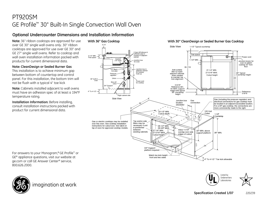 GE PT920SM installation instructions Side View 