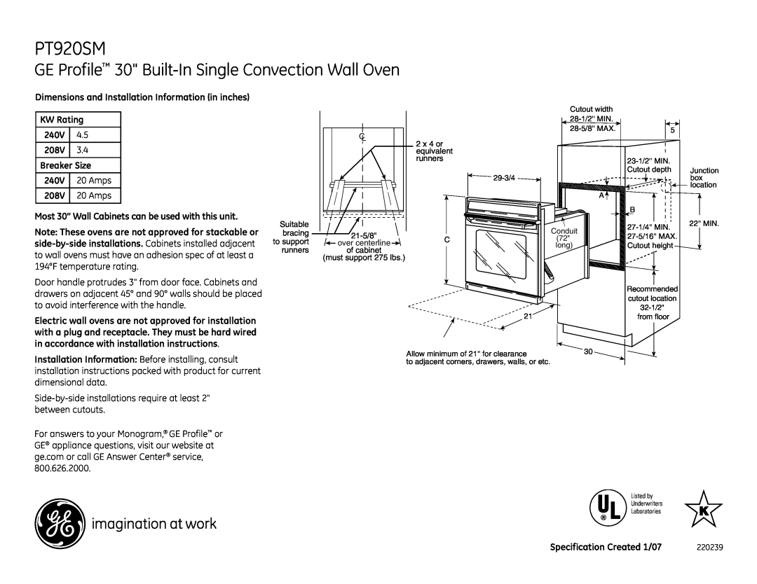 GE PT920SM installation instructions GE Profile 30 Built-In Single Convection Wall Oven 