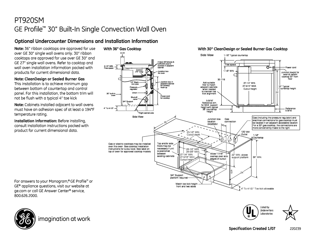 GE PT920SM installation instructions Optional Undercounter Dimensions and Installation Information 