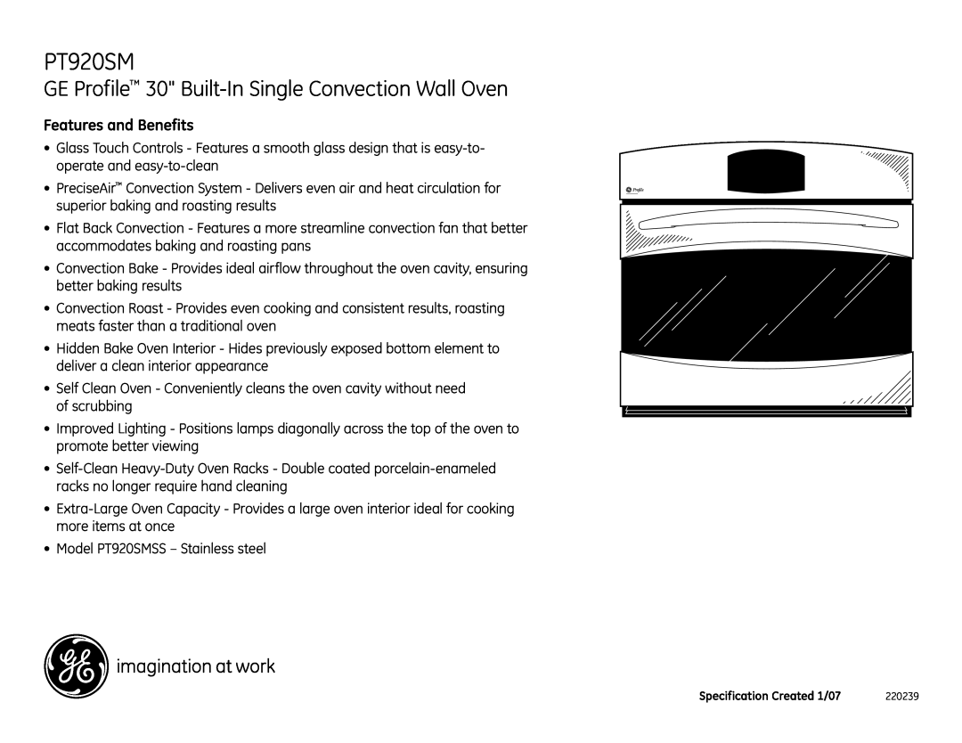 GE PT920SM installation instructions Features and Benefits, GE Profile 30 Built-In Single Convection Wall Oven 