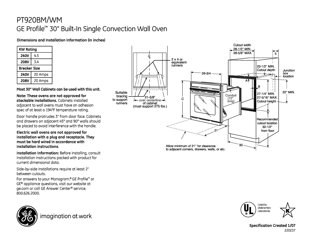 GE PT920WM installation instructions PT920BM/WM, GE Profile 30 Built-In Single Convection Wall Oven 
