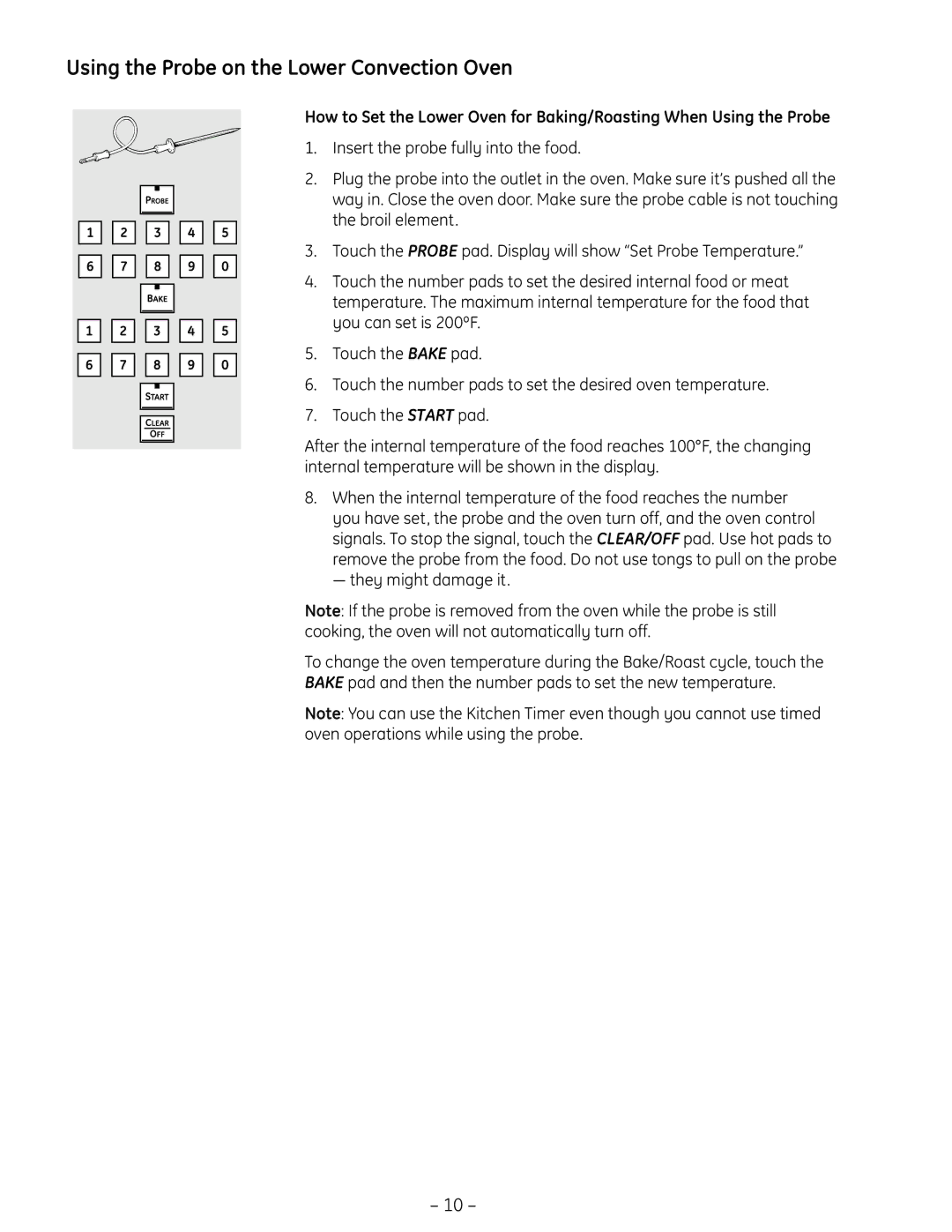 GE PT925 manual Using the Probe on the Lower Convection Oven 