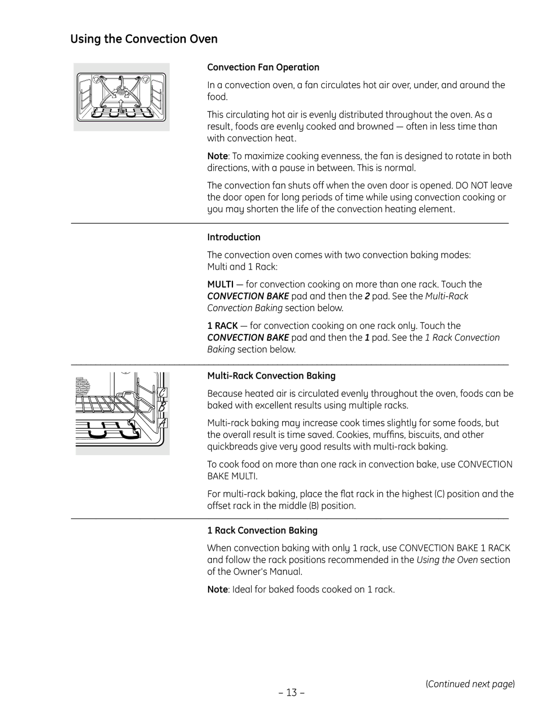 GE PT925 manual Using the Convection Oven, Convection Fan Operation, Introduction, Multi-Rack Convection Baking 