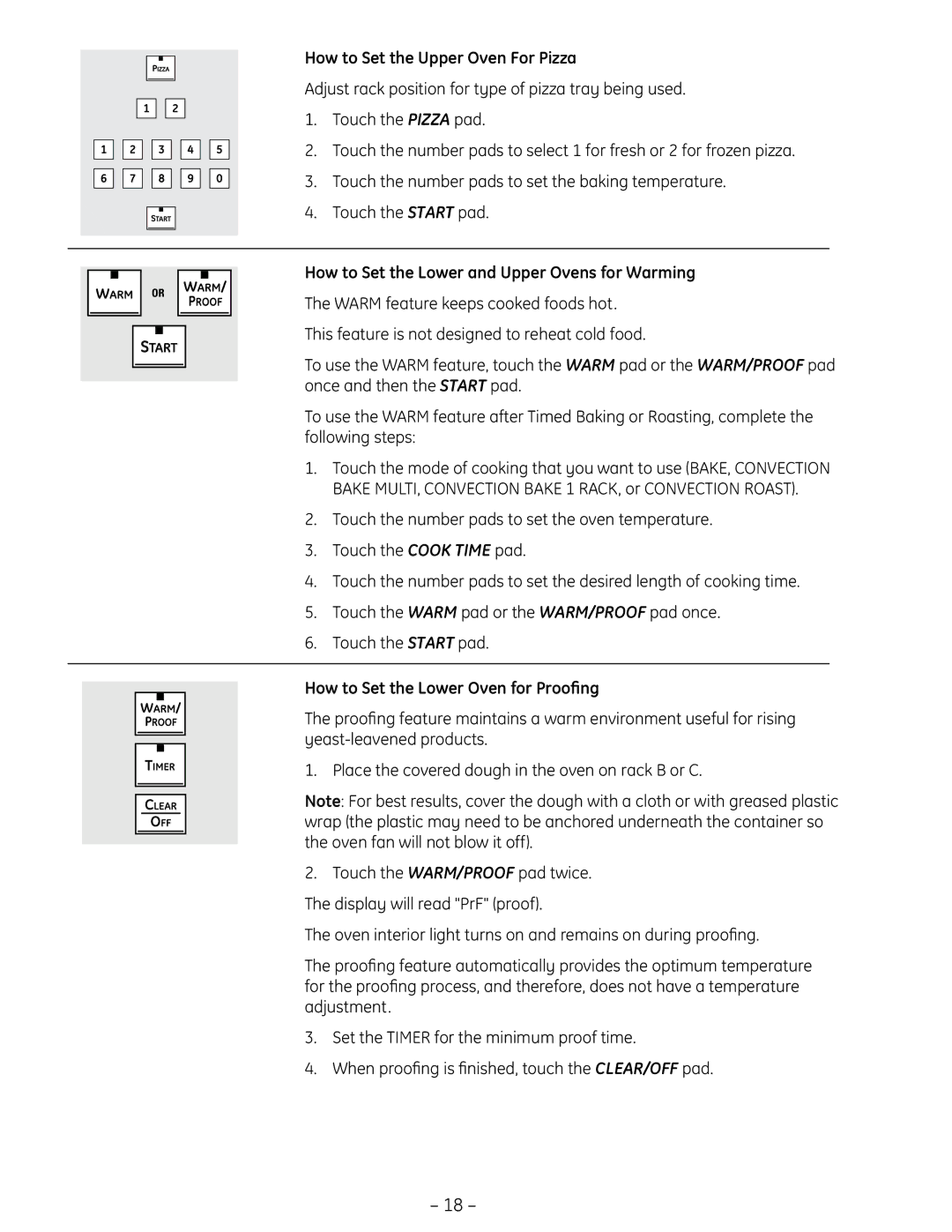 GE PT925 manual How to Set the Upper Oven For Pizza, How to Set the Lower and Upper Ovens for Warming 