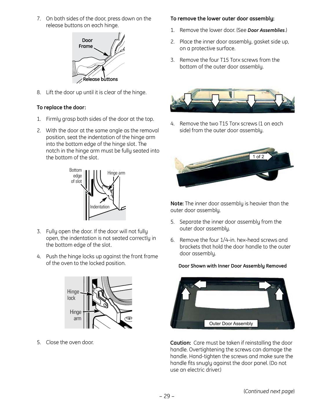 GE PT925 manual To remove the lower outer door assembly, To replace the door 