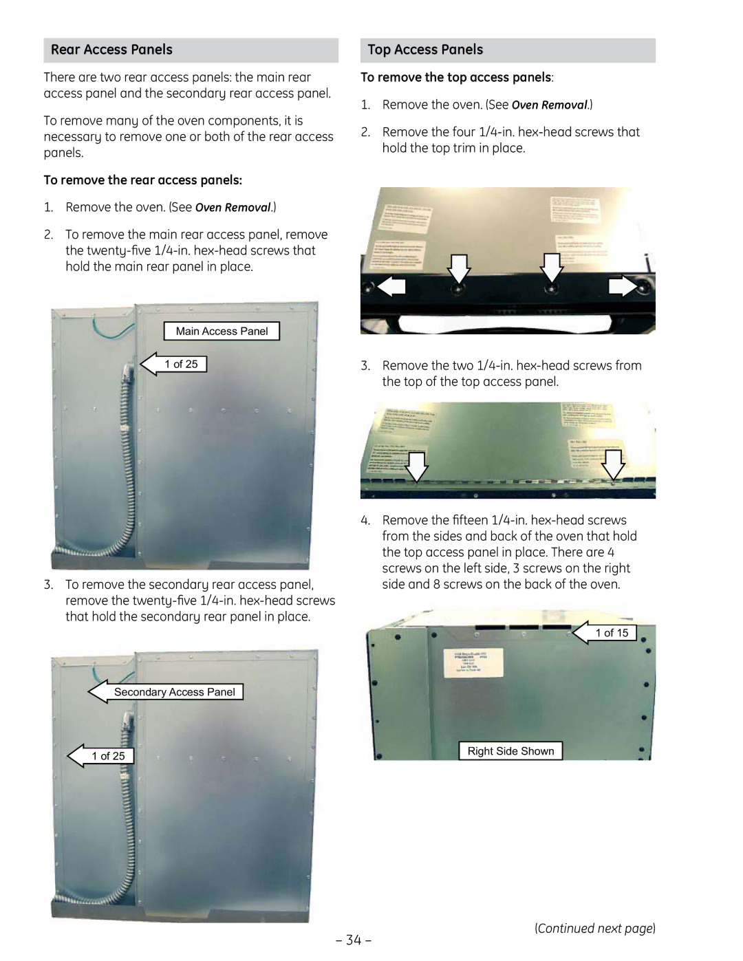 GE PT925 manual Rear Access Panels, Top Access Panels, To remove the rear access panels, Remove the oven. See Oven Removal 