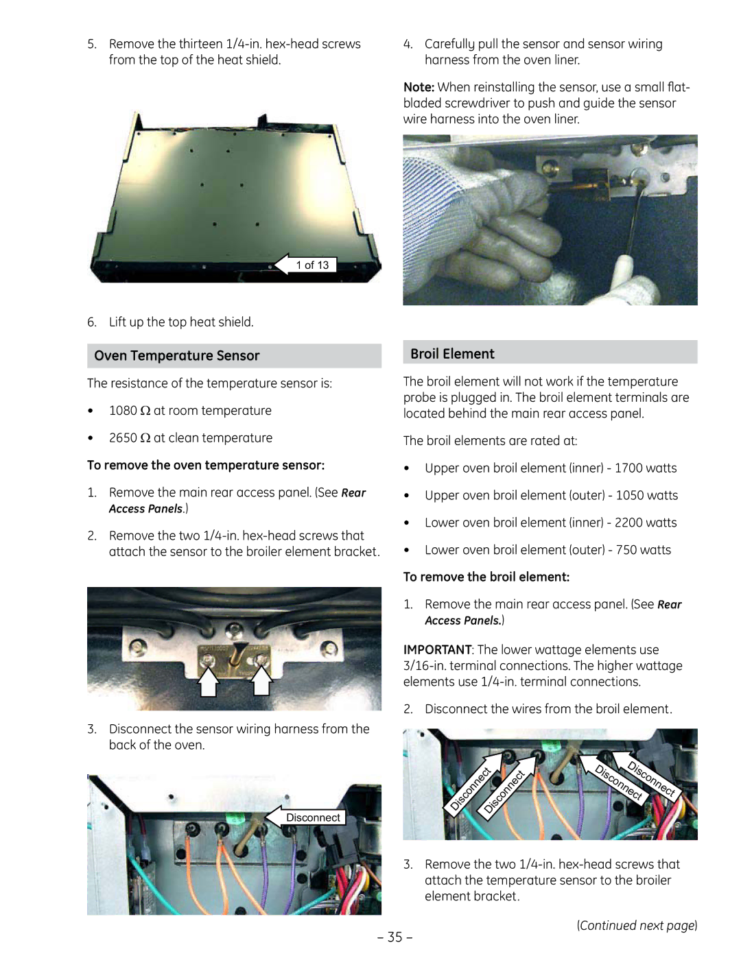 GE PT925 manual Oven Temperature Sensor, Broil Element, To remove the oven temperature sensor, To remove the broil element 