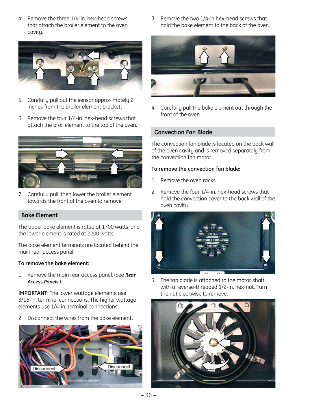 GE PT925 manual Bake Element, Convection Fan Blade, To remove the bake element, Disconnect the wires from the bake element 