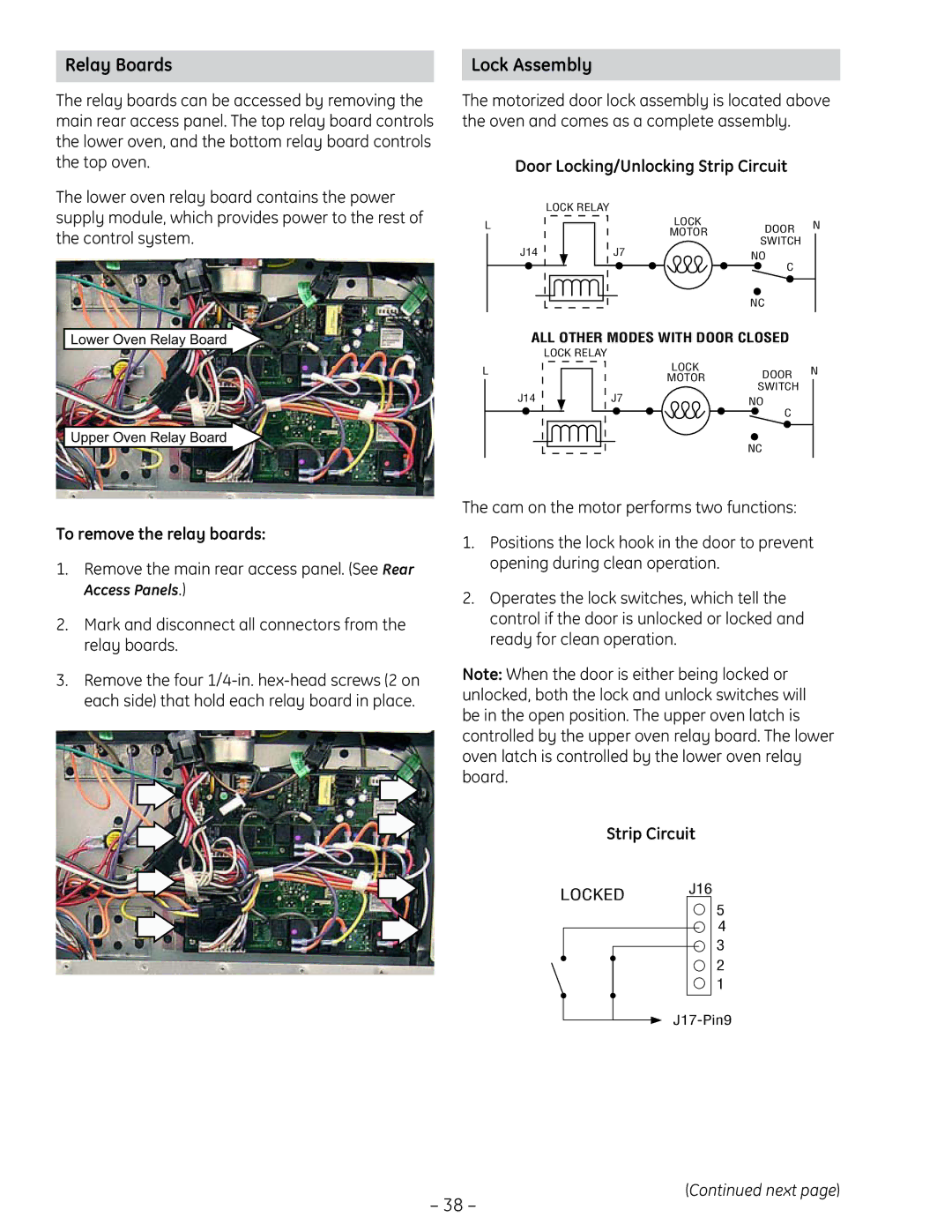 GE PT925 manual Relay Boards, Lock Assembly, To remove the relay boards, Door Locking/Unlocking Strip Circuit 