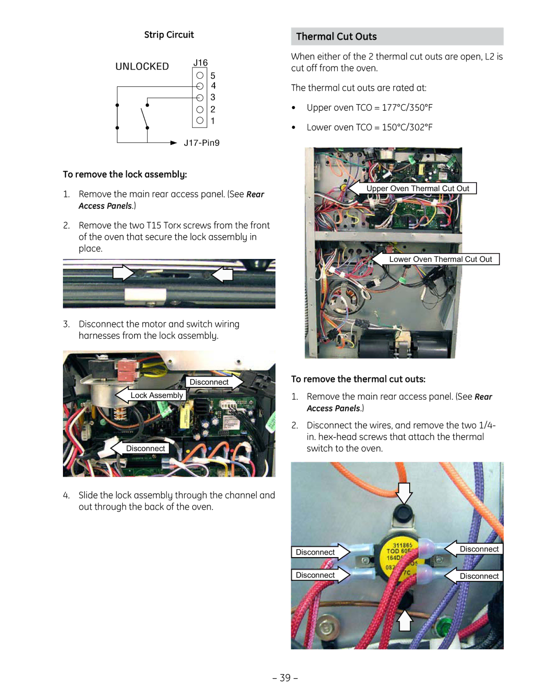 GE PT925 manual Thermal Cut Outs, To remove the lock assembly, To remove the thermal cut outs 