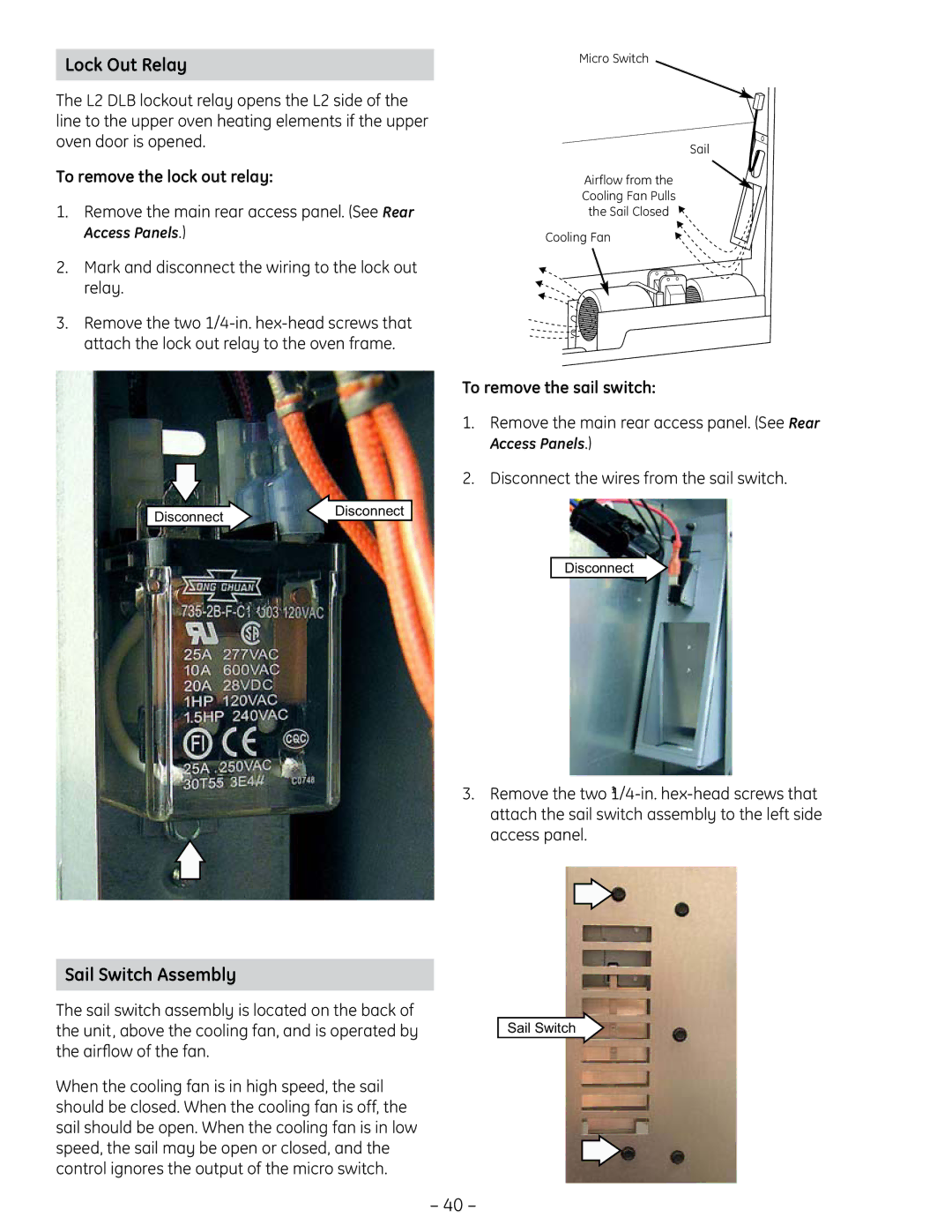 GE PT925 manual Lock Out Relay, Sail Switch Assembly, To remove the lock out relay, To remove the sail switch 