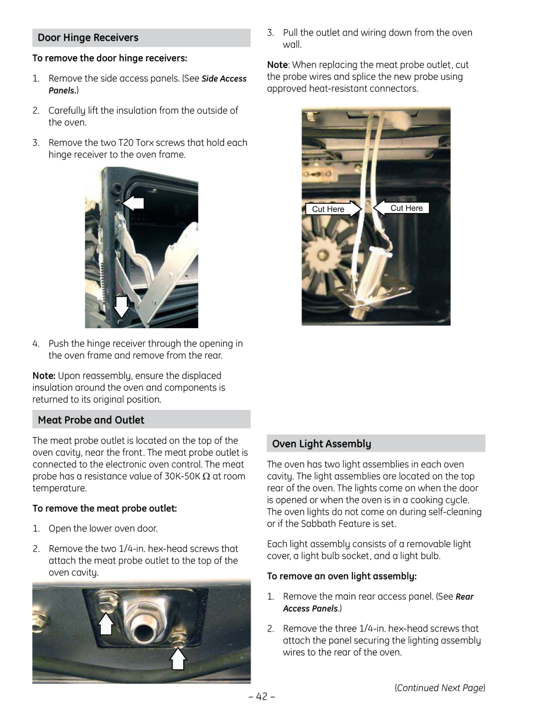 GE PT925 manual Door Hinge Receivers, Meat Probe and Outlet, Oven Light Assembly 