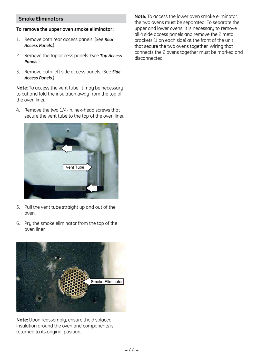 GE PT925 manual Smoke Eliminators, To remove the upper oven smoke eliminator 