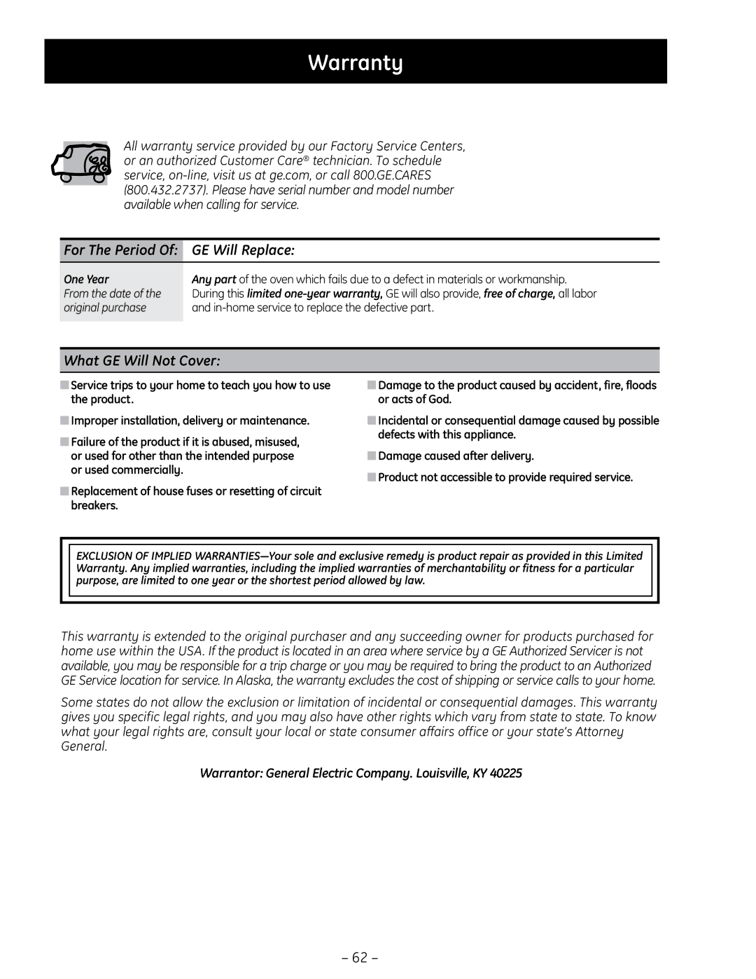 GE PT925 manual Warranty, For The Period Of GE Will Replace 