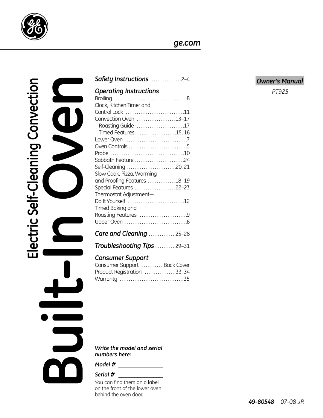 GE PT925 manual Operating Instructions, Consumer Support, Model # Serial #, 49-80548 07-08 JR 