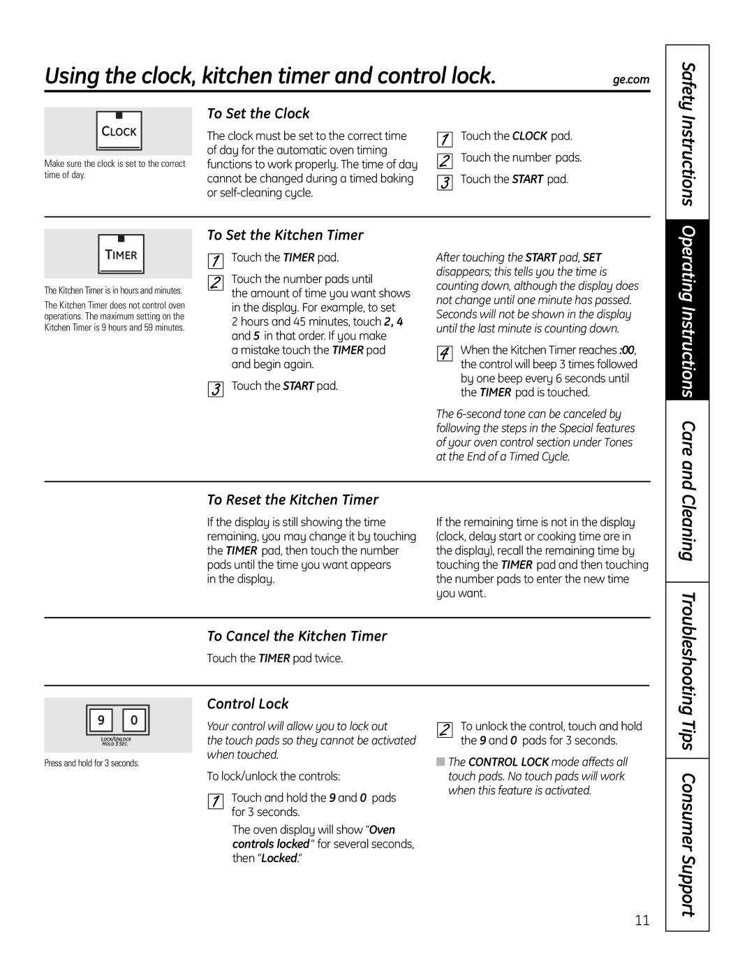 GE PT925 manual Using the clock, kitchen timer and control lock, Cleaning Troubleshooting, Tips Consumer Support, Safety 