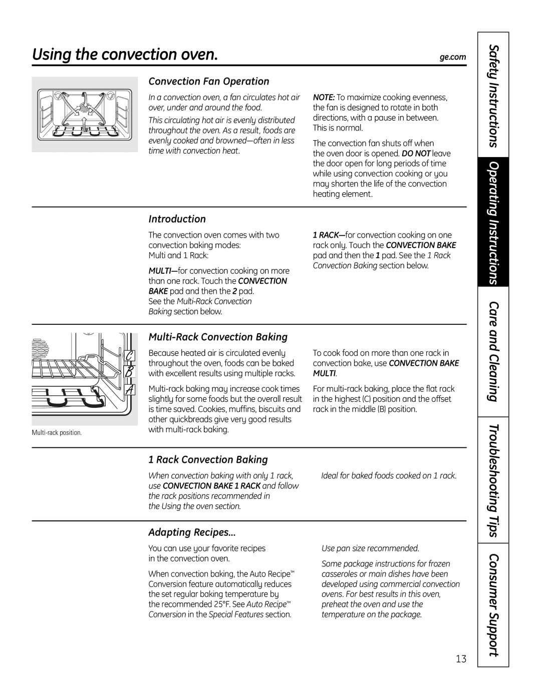 GE PT925 manual Using the convection oven, Instructions Operating 