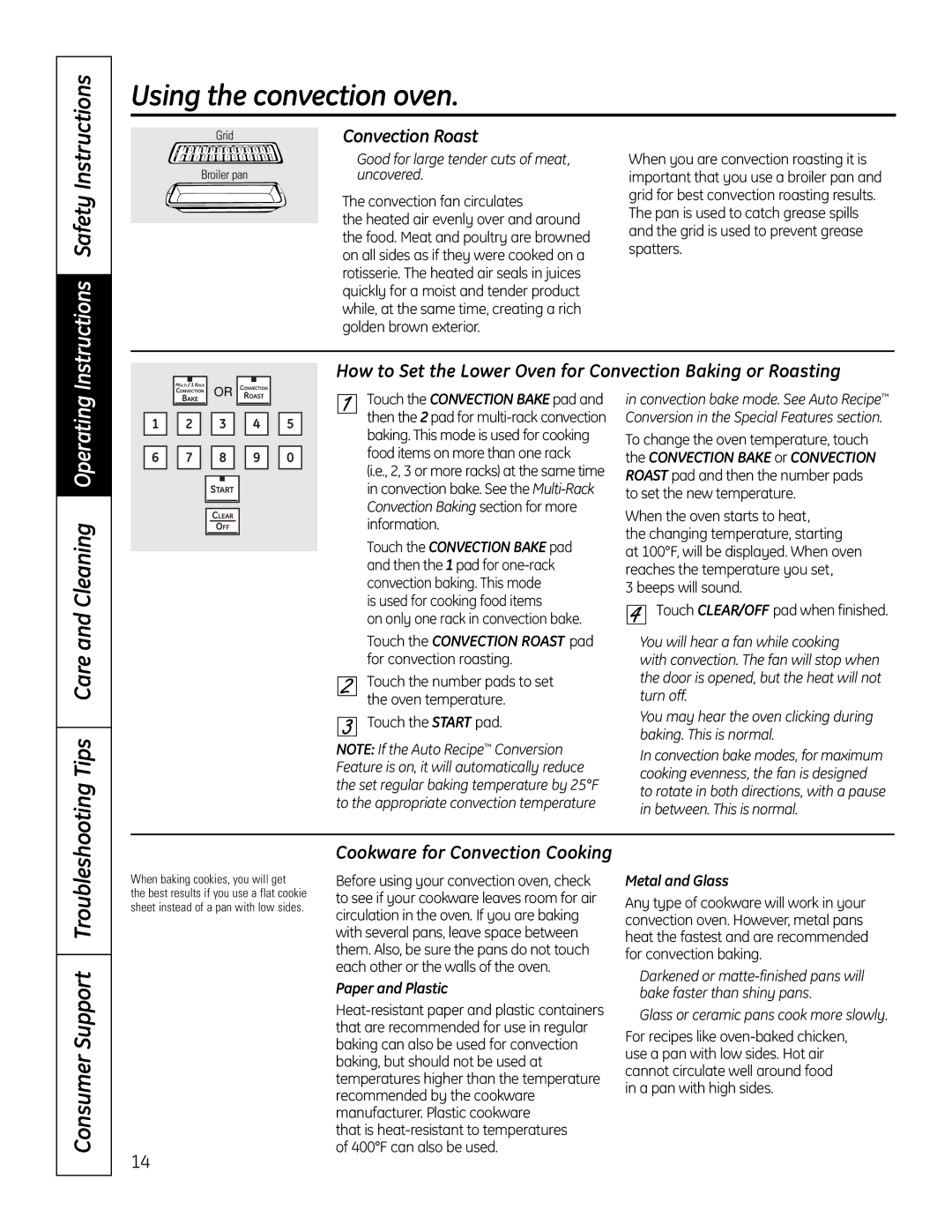 GE PT925 manual Consumer Support Troubleshooting, Convection Roast, Cookware for Convection Cooking 