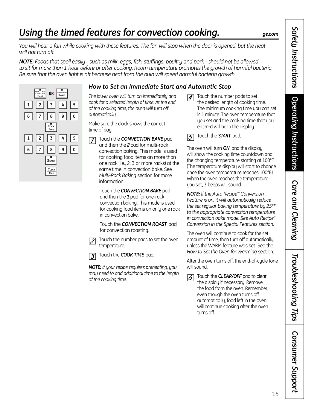 GE PT925 manual Using the timed features for convection cooking, Safety Instructions 