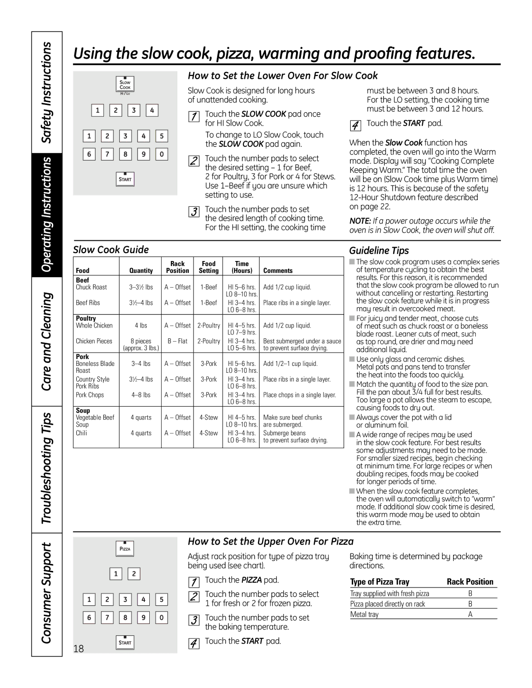 GE PT925 manual Using the slow cook, pizza, warming and proofing features, Troubleshooting Tips Care and Cleaning Operating 