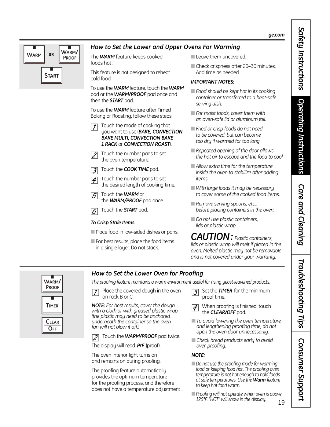 GE PT925 How to Set the Lower and Upper Ovens For Warming, How to Set the Lower Oven for Proofing, To Crisp Stale Items 