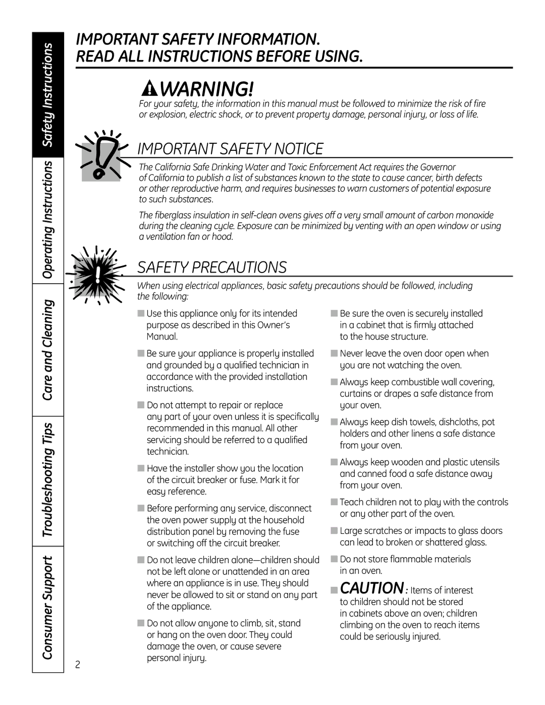 GE PT925 manual Important Safety Notice, Consumer Support Troubleshooting Tips Care and Cleaning 