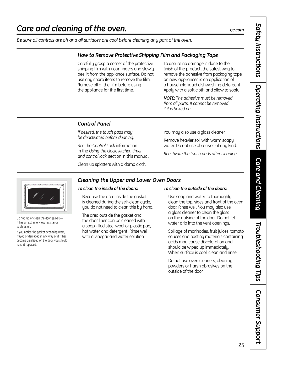 GE PT925 manual Care and cleaning of the oven, Operating, Cleaning Troubleshooting Tips Consumer Support 