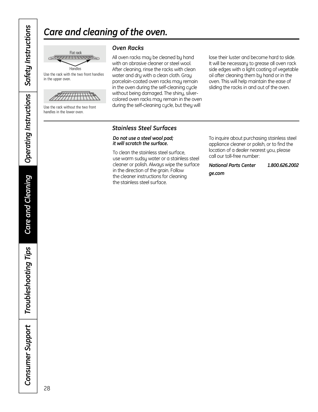 GE PT925 manual Oven Racks, Stainless Steel Surfaces, To clean the stainless steel surface 