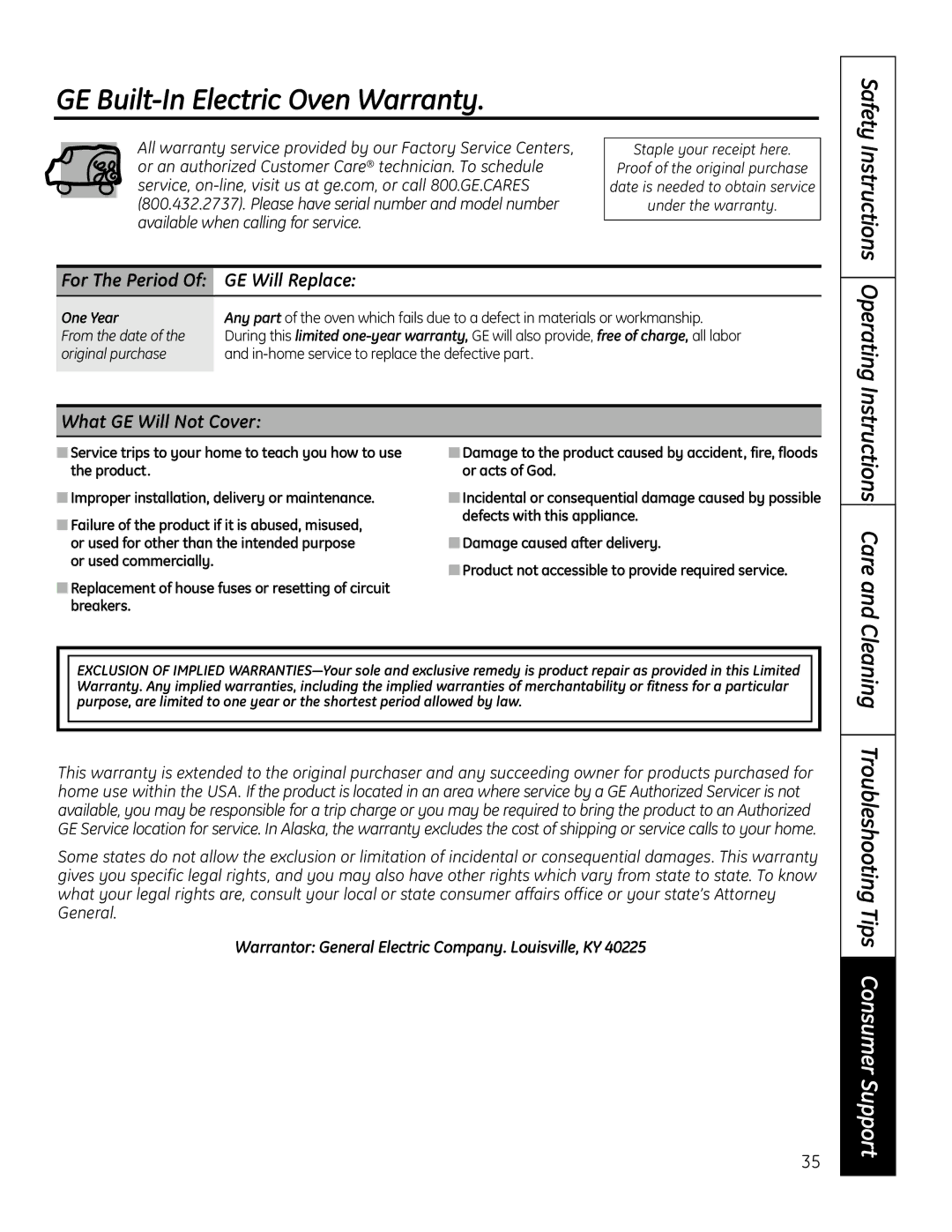 GE PT925 manual GE Built-In Electric Oven Warranty, Care, Cleaning Troubleshooting Tips Consumer Support, GE Will Replace 