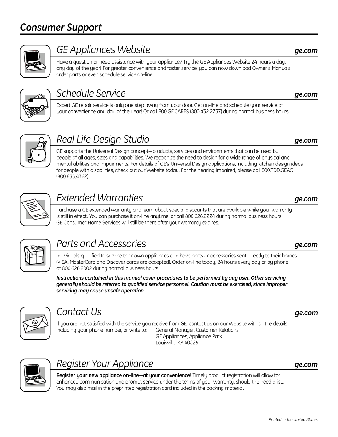 GE PT925 manual Consumer Support GE Appliances Website, Schedule Service, Real Life Design Studio, Extended Warranties 