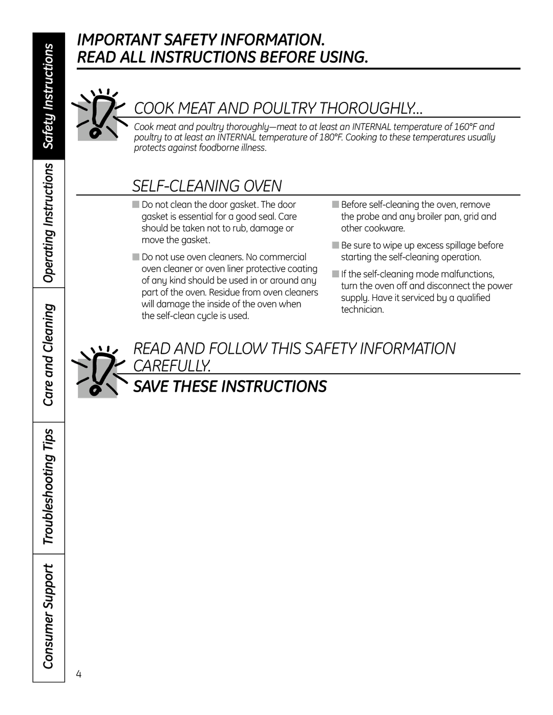 GE PT925 manual Consumer Support Troubleshooting Tips Care, Cleaning Operating, Probe and any broiler pan, grid 