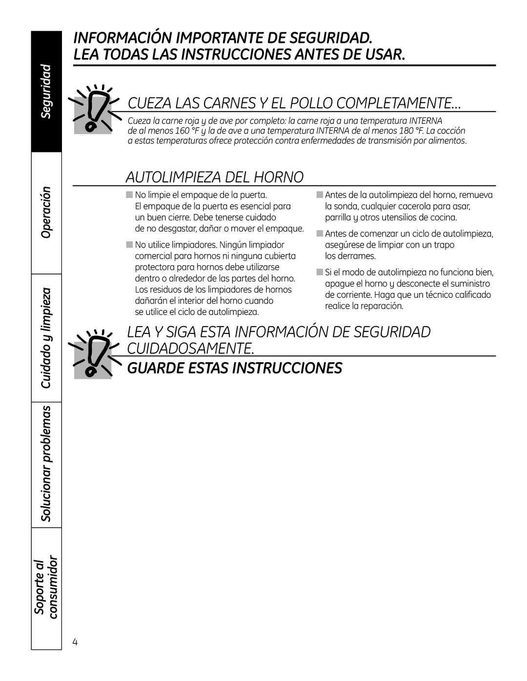 GE PT925 manual Limpieza, Cuidado y, Antes de la autolimpieza del horno, remueva 