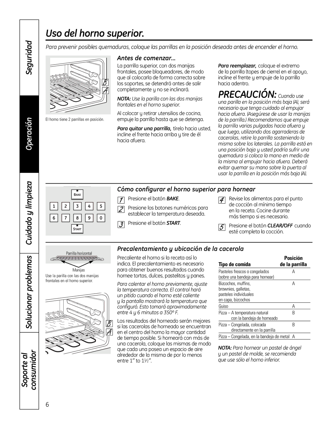 GE PT925 manual Uso del horno superior, Precaución Cuando use, Cuidado y limpieza, Solucionar problemas 