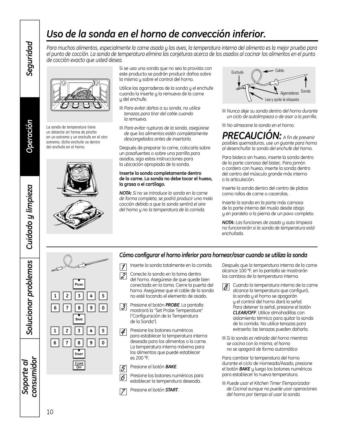 GE PT925 manual Uso de la sonda en el horno de convección inferior, Del enchufe, La ubicación apropiada de la sonda 